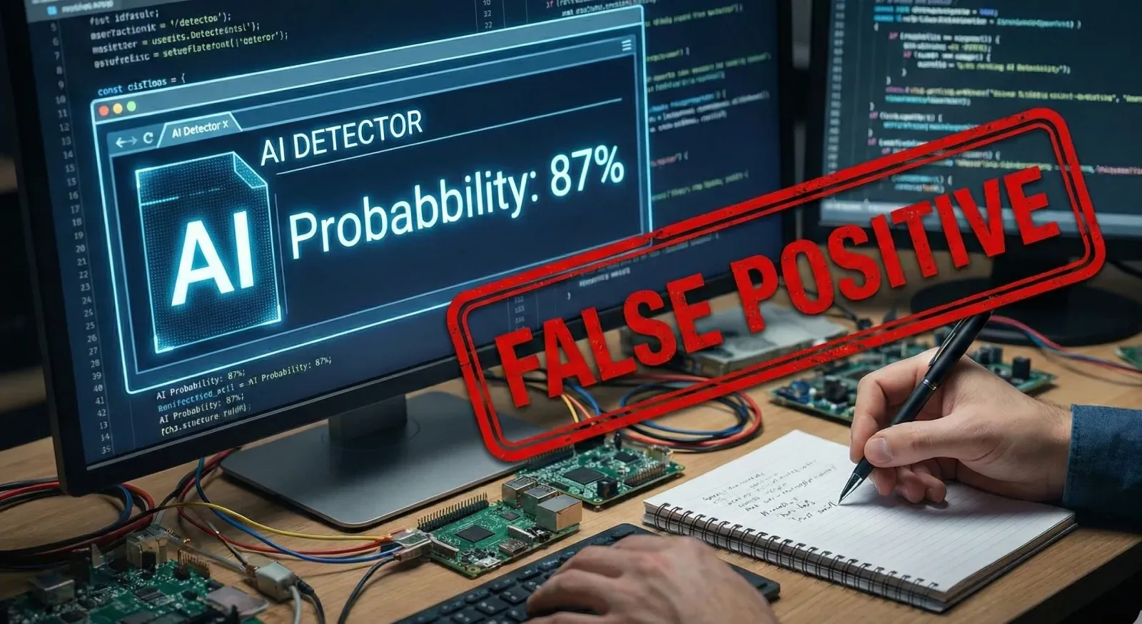 AI detector screen shows 87% probability with a large red 'FALSE POSITIVE' stamp. A person writes notes on a desk with electronics, illustrating AI error