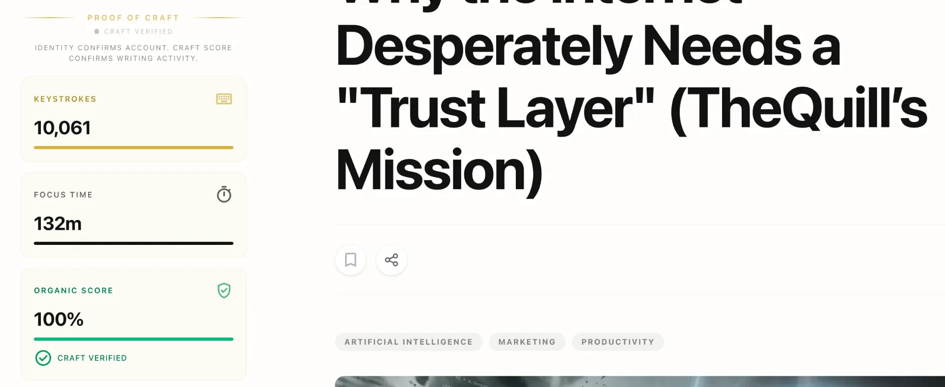 Here are the English SEO alt text options for the uploaded image, optimized for accessibility and under 180 characters:

Option 1 (Descriptive & Balanced):

Proof of Craft dashboard showing 100% organic score, 10,061 keystrokes, and 132m focus time for an article titled "Why the Internet Desperately Needs a Trust Layer"